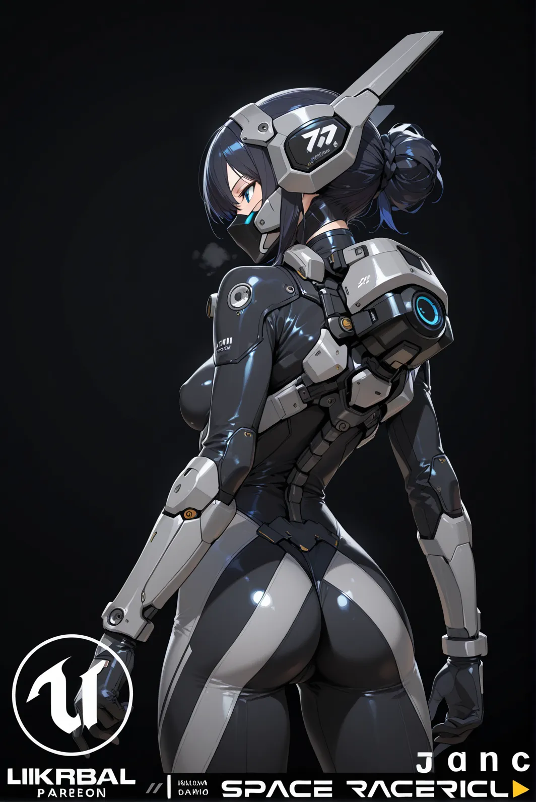 masterpiece, best quality, 1 girl, with silver hair, silver eyes, cyborg, sci-fi, hot body, big breasts and ass, standing