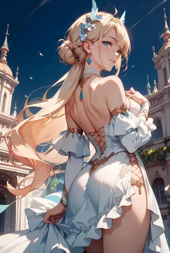 ((highest quality)),(ultra high resolution),(Super detailed),(detailed description),((best CG)),(best work of art),super precision art,amazing drawing art,(Art with precise details:1.5), (1 Lady:1.6),beautiful and well-shaped face:1.5,light makeup:1.6,(Backless dress with attention to detail:1.8),tied hair:1.6, old castle balcony:1.5,sunset sky:1.5,