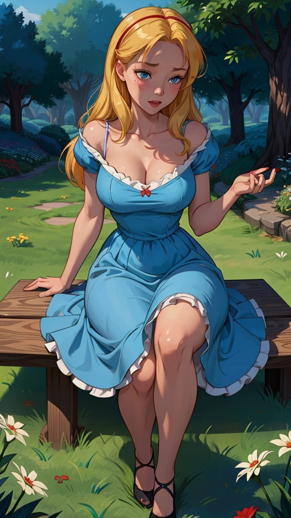 Wendy Darling ( Tinkerbell ), big breasts, deep cleavage, blue vintage dress, sitting on a bench in a fantasy garden
