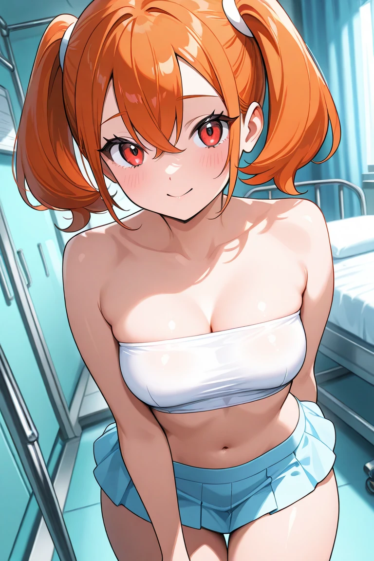 1girl, ultra high res, large chest, cleavage, white shirt, gym shorts, bent down, smile