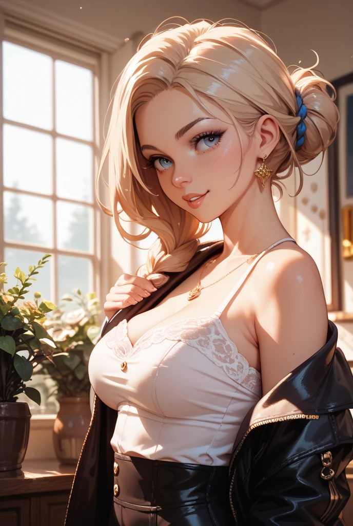 girl at a nightclub sitting at bar, eyeliner (masterpiece) (best quality) (detailed) (8k) (HDR) (wallpaper) (cinematic lighting) (sharp focus) (intricate) wavy blonde hair, biting lip, medium hair, slutty outfit, sexy, blush, aroused, cleavage, shiny , wet skin, girl, dark makeup, acting flirty, tucking hair behind ear