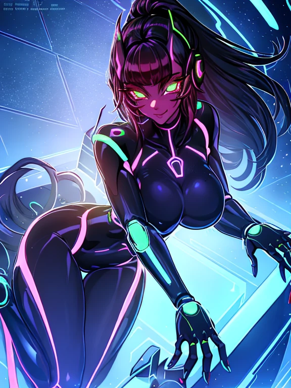 Best quality, ultra-detailed, realistic, futuristic nightclub, lesbian robots, puffy nipples, gigantic breasts, neon lights, vibrant colors, sleek metallic bodies, glowing eyes, alluring poses, seductive atmosphere, techno music, energetic dance floor, electronic music, laser show, holographic projections, steamy ambiance, android beauties, sensual movements, robotic precision, interactive holograms, chrome accents, glossy surfaces, high-tech architecture, mesmerizing visuals, provocative fashion, pulsating energy, cutting-edge technology.