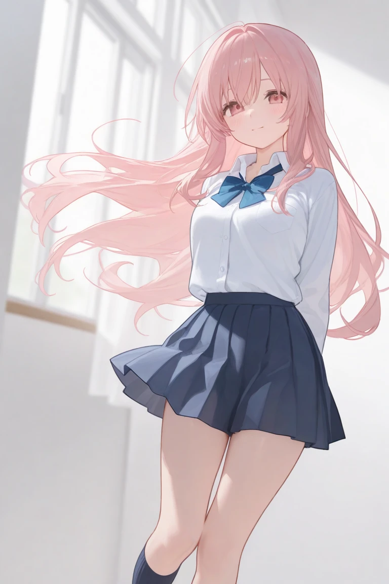 beautiful illustration、top-quality、Cute little girl s、bedroom、A pink-haired、happiness、a miniskirt、White blouses、Two-side-up、lovely thighs、glowing thigh、blue eyess、big breasts、Flipping up the skirt with your hands、Show white panties、Pull up your skirt and show your panties