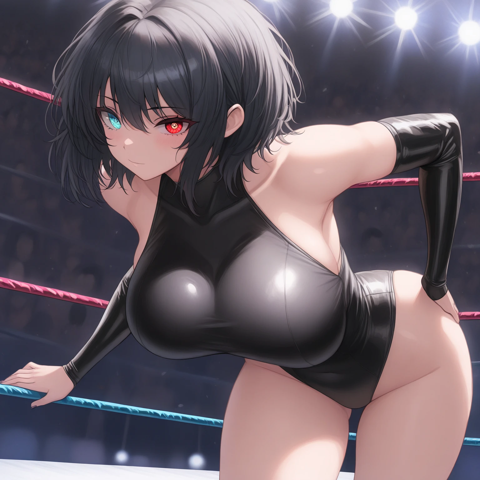 she is wearing black clothes,  Amazing high-cut bodysuit.A woman doing professional wrestling　Tifa Lockhart　Open Finger Gloves　Fight in the ring　Nipples are visible　Large Breasts　A lot of cumshot erupts　attractive vagina　Have a sensual pose　Huge penis　A lot of semen