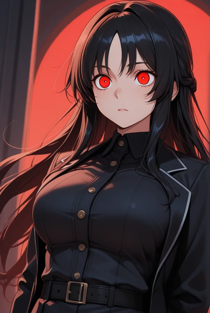 Mature woman, long black hair, straight bangs down, yellow eyes, black outfit, (red overcoat), beautiful, in the night, powerful, sexy woman, sadic smile, villain pose, 8k, high quality, full HD.