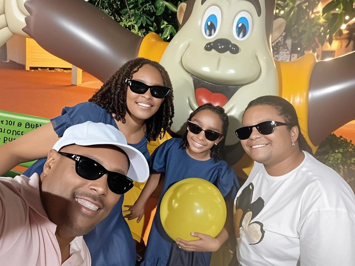 There is a group of people standing in front of a giant bear, In Disney, vacation photo, taken in 2 0 2 0, taken in the early 2020s, family photo, Photo, photo taken in 2 0 2 0, ((oversaturated)), profile picture, trends ，, Snapchat photo, soft on _ the bottom, theme park