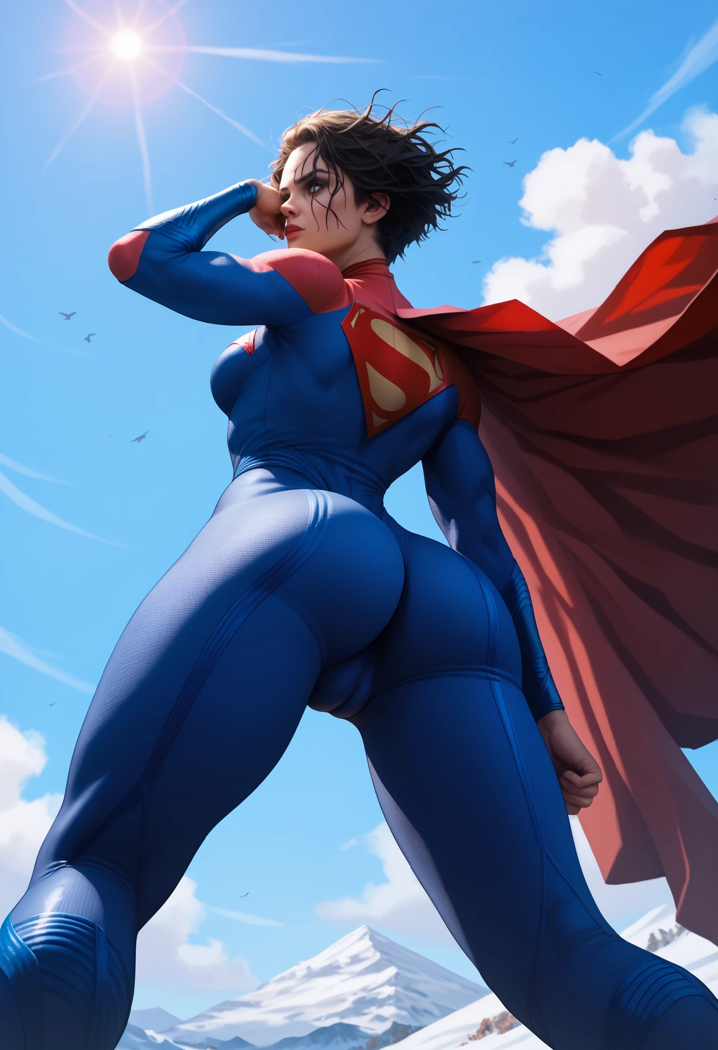 sasha calle, ((short black hair, glowing black eyes, makeup, narrow waist, skinny, medium breasts, red cape)), pelvic curtain, ((blue panties, red bra)), full body, perfect body, (insanely detailed, beautiful detailed face, masterpiece, best quality) , (((solo))), (((1girl))), (((mature))), (extremely detailed 8k paper CG wall unit: 1.1), (metropolis, rooftop, clouds, sunnyday), (smile face for the viewer), ass, underbutt, behind, from back