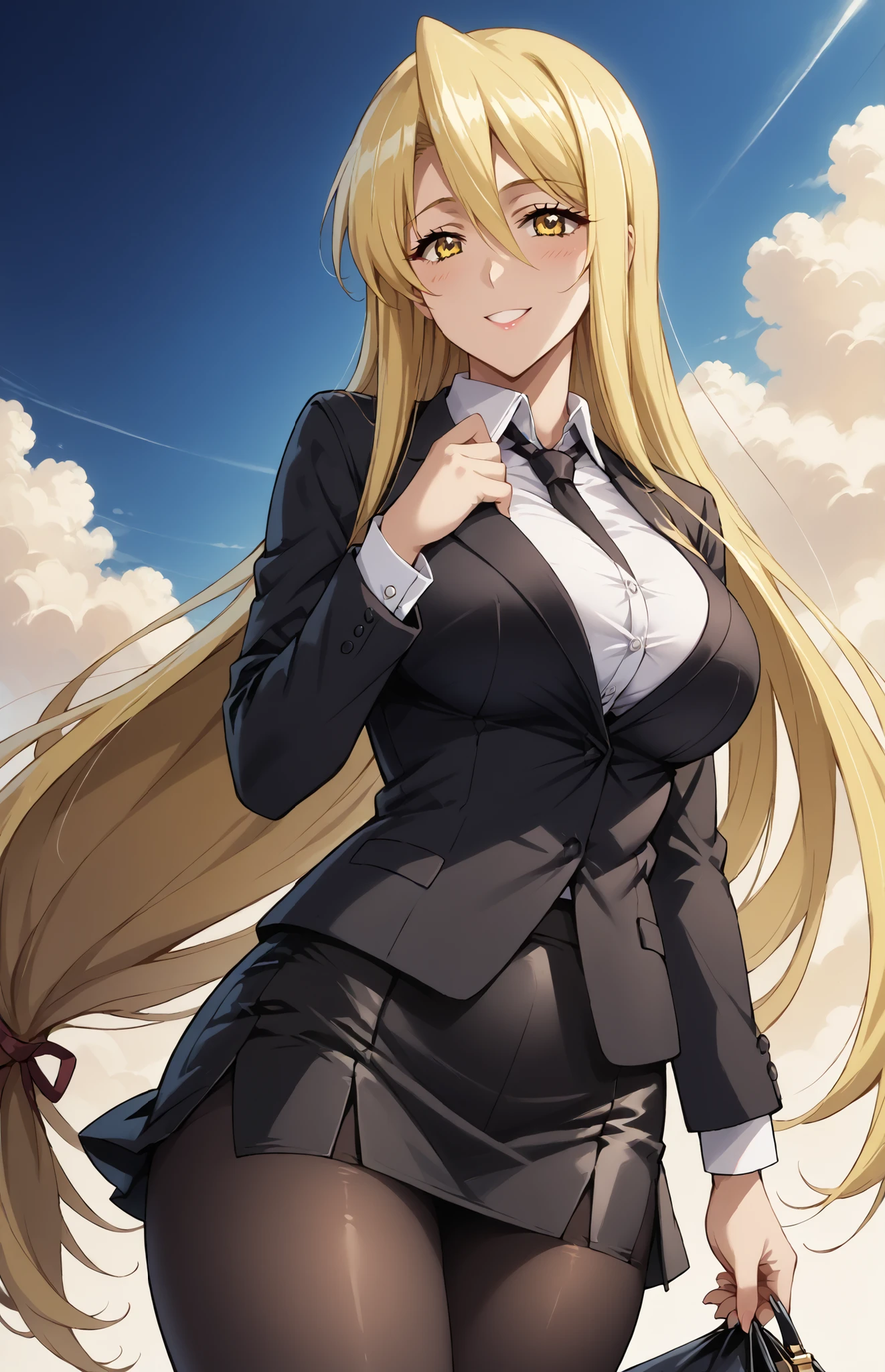 score_9, score_8_up, score_7_up, source_anime, 4K,perfect fingers,(perfect hands, perfect anatomy),prefect lighting, very aesthetic, intricate details,highly detailed background, masterpiece, high quality, best quality,
shizuka marikawa, long hair, blonde hair, very long hair, low-tied long hair, yellow eyes, hair between eyes, smile, large breasts, mature female,
wearing (( black business suit, (short skirt:1.2), tights, )),,
