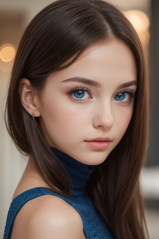 Girl brown hair blue eyes,labios normales, delgada con pechos medianos que se vea realista 