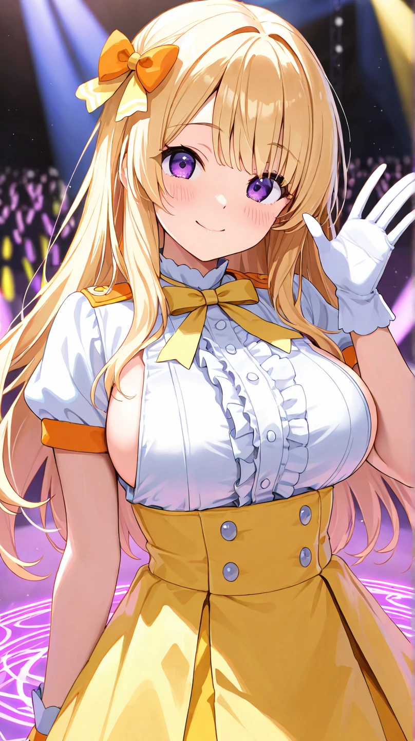 ,tokitanikoruri, blonde hair, long hair, ribbon. twintails, brown eyes,, large breasts, live stage, solo, nipple