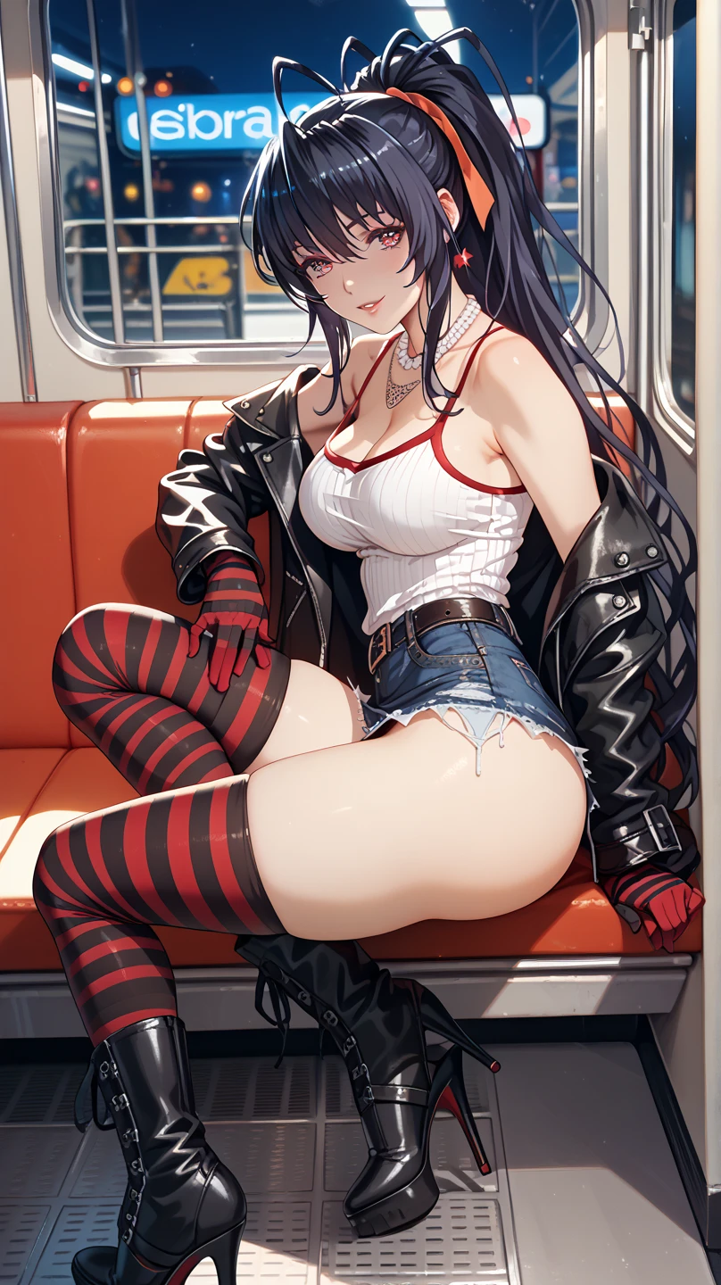 (masterpiece), (Artwork), (great work), (Detailed eyes), (Delicate skin), In the bus、Above the seat、Full body shot、Black Hair、Long Hair、Slanted Eyes、Tight eyes、Tight look、blush:3.0、Wet Hair:1.5、boots、Completely naked、I'm not wearing anything、Sweat、sperm、Urinating