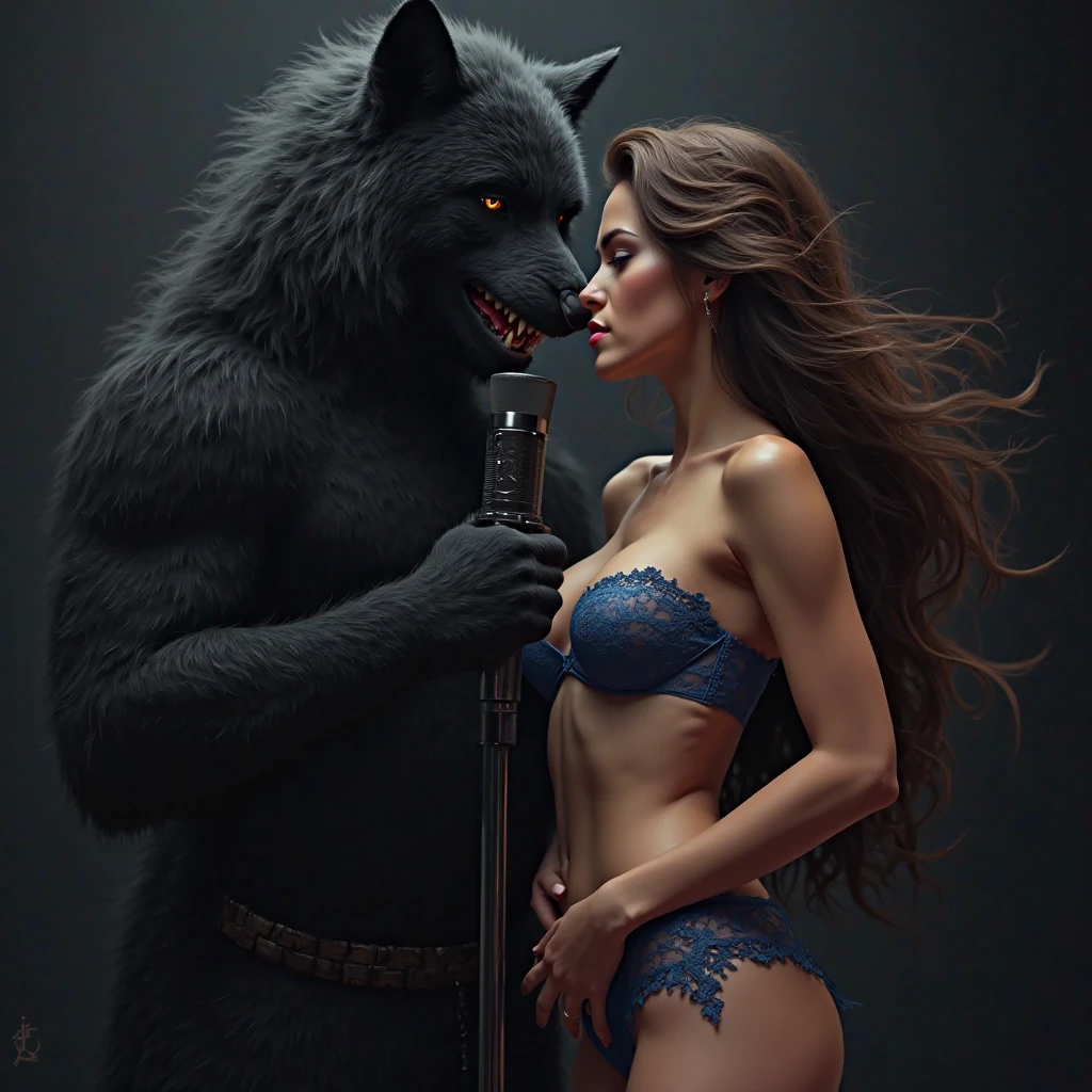 Wolf dressed in a suit hugging a woman with huge breasts, she in black lingerie, she looking at the camera, Photo studio