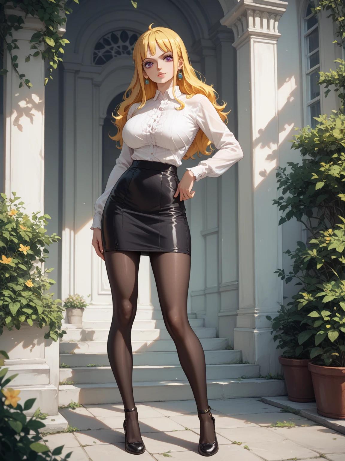 1 girl, perfect body, (ideal feminine body:1.1), (huge breasts:1.3), fit body, (brown pantyhose:1.5), low denier, (emphasis on legs and feet:1.3), (black low wedge heel booties:1.1), long straight platinum-blonde hair, (delicate almost transparent white blouse), open blouse, cleavage, (delicate miniskirt:1.2), (small hips:1.1), small butt, (thin:1.1), skinny girl, short, (155 centimeters tall), athletic, detailed face, detailed skin, backdrop of a well-maintained garden, masterpiece, natural lighting, 8k, HDR, amazing details, hyper-realistic, photorealistic, beautiful face, highly attractive, (standing with hands on hips:1.4), (show entire body), (looking seductively at the viewer:1.1)