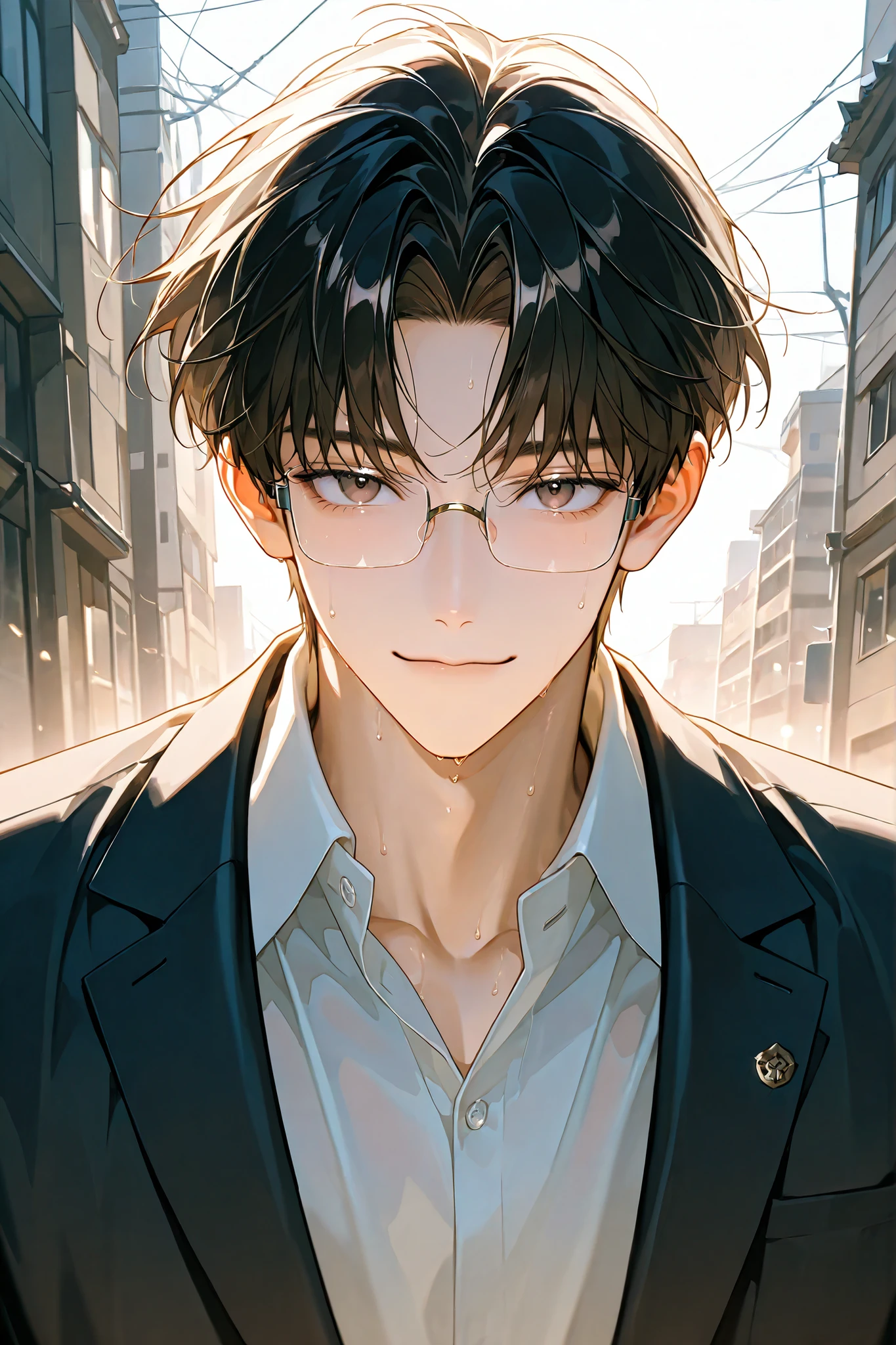 (k hd、Ultra-fine CG picture,Best picture quality、Fidelity)、(Best light and shadow effects,Very delicate and beautiful)、street、、Male youth wearing glasses、white business suit、wearing a tie、
