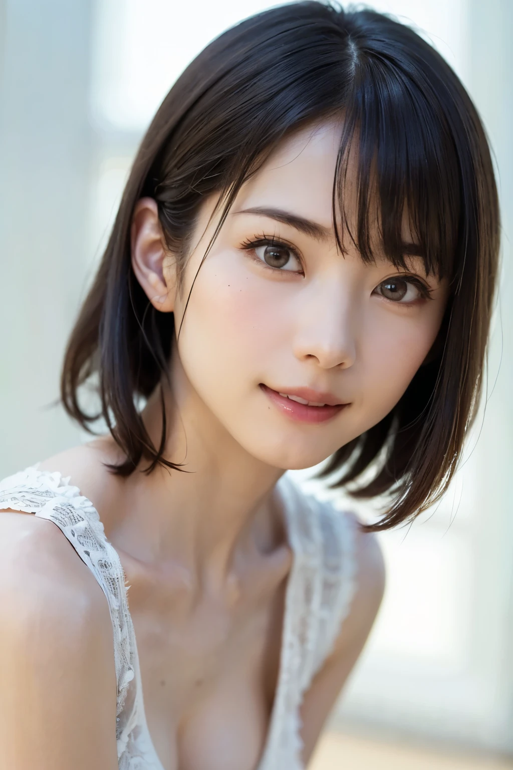 女の子1人、top-quality、realisitic、report、depth of fields、natural soft light、during daytime、魅惑的、beauitful face、Cleanliness、Pure face、de pele branca、cute hawk hair、bangss、the beach、rays of sunshine、Nedium Breast Body Esbian、((Beautiful face with sweater golden ratio Beautiful face with symmetry))、long neck、Put your ears out、Clean short bob hair with bangs、Smile with your mouth closed:1.4、Smile with your mouth closed:1.4、Perfect fingers、perfect hand、Perfect body、face perfect、Shine a light into the eyes、Perfect Anatomy:1.4、very cute super model:1.4