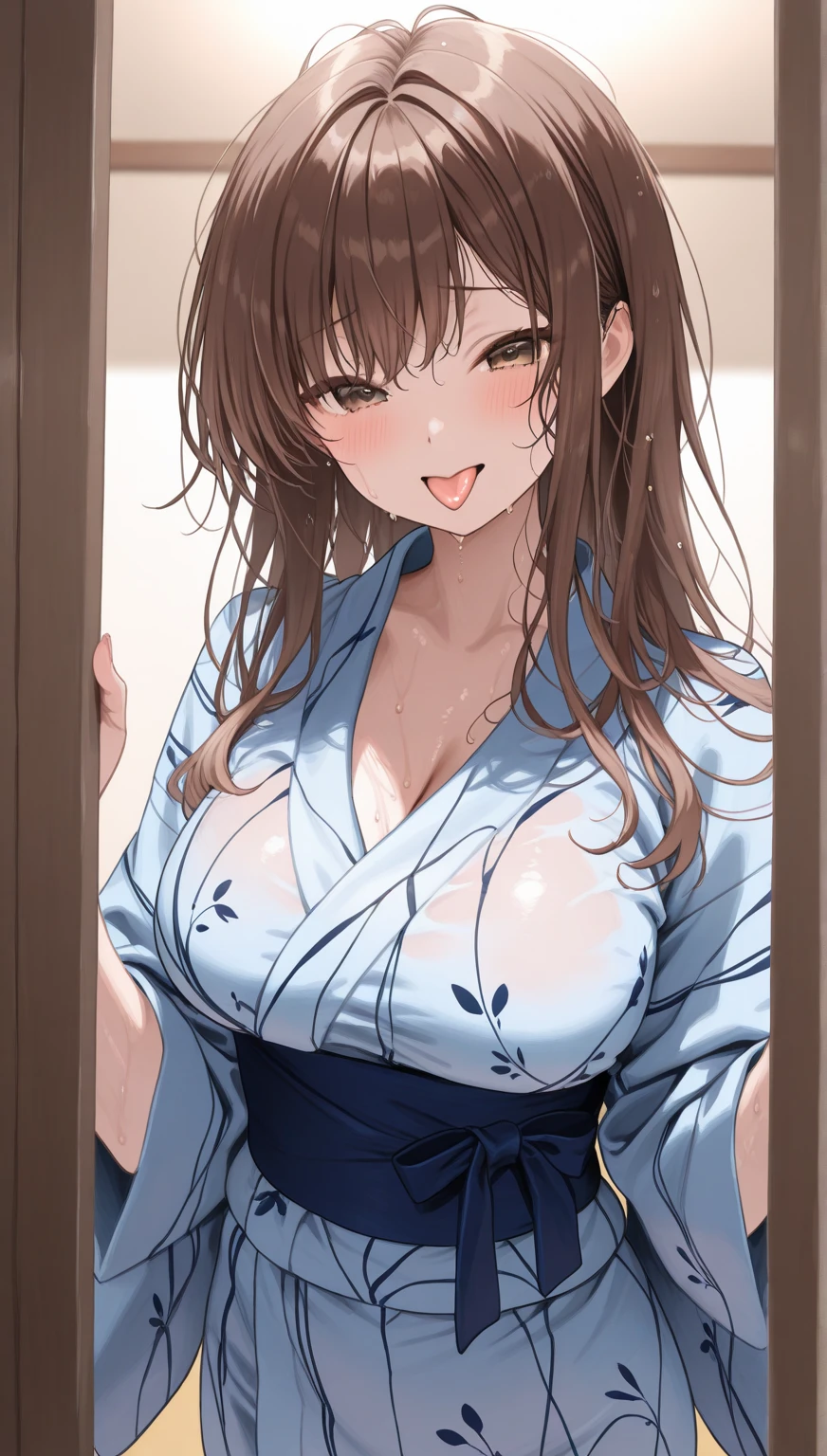 Cute beautiful girl、、naked、(Blushing and sweating:1.5)、Embarrassed、Brown skin、A wet yukata、Beautiful breasts,Tied up hair