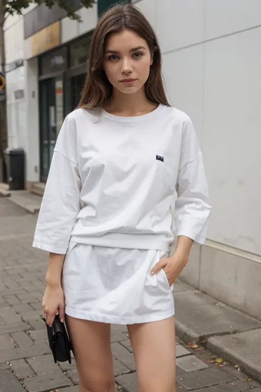 solo , 1girl , white shirt rock punk styes , big breast , skirt  rock punk styes 