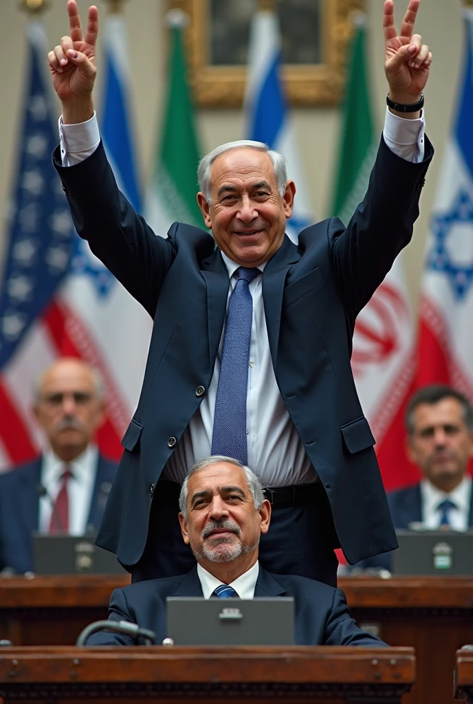 (masterpiece:1.2) (photorealistic:1.2) (bokeh) (best quality) (detailed skin) (intricate details) (8k) (high poly) (ray tracing) (cinematic lighting) (sharp focus),( full body:1.2), (half body:1.2) The truth of clean smiling Benjamin Netanyahu (trying to wipe blood from his hands:1.4), (malevolence:1.2) Israel flags
