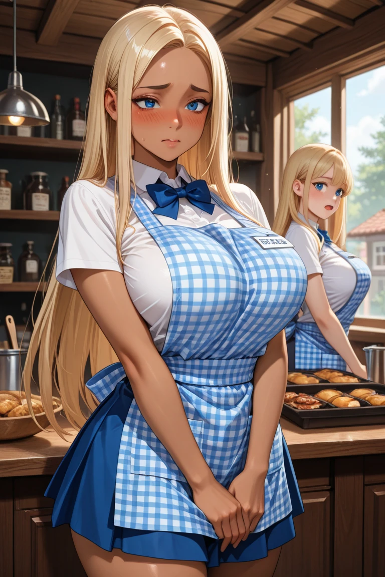 2heads, a short fat woman with 2 heads. She has massive breasts. She is inside an art classroom, with a window. She is painting. She is wearing a brown artist's apron. Deep cleavage. She has long blonde hair in a ponytail. She is laughing. She has gigantic breasts. She has a smudge of paint on her face. She has splotches of paint on her apron. She looks mature. She looks motherly. She has massive breasts. She is extremely short. She is extremely fat. She has massive fat .