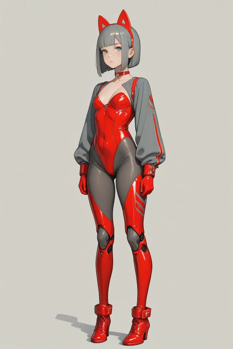 A woman of thin build without hair, wearing short red latex gloves, wearing a one-piece swimsuit the same color as your skin, pale skin, wearing red roller skates with thick heels, The woman is posing while holding a medical syringe. anime style, semi realistic style, whole body.