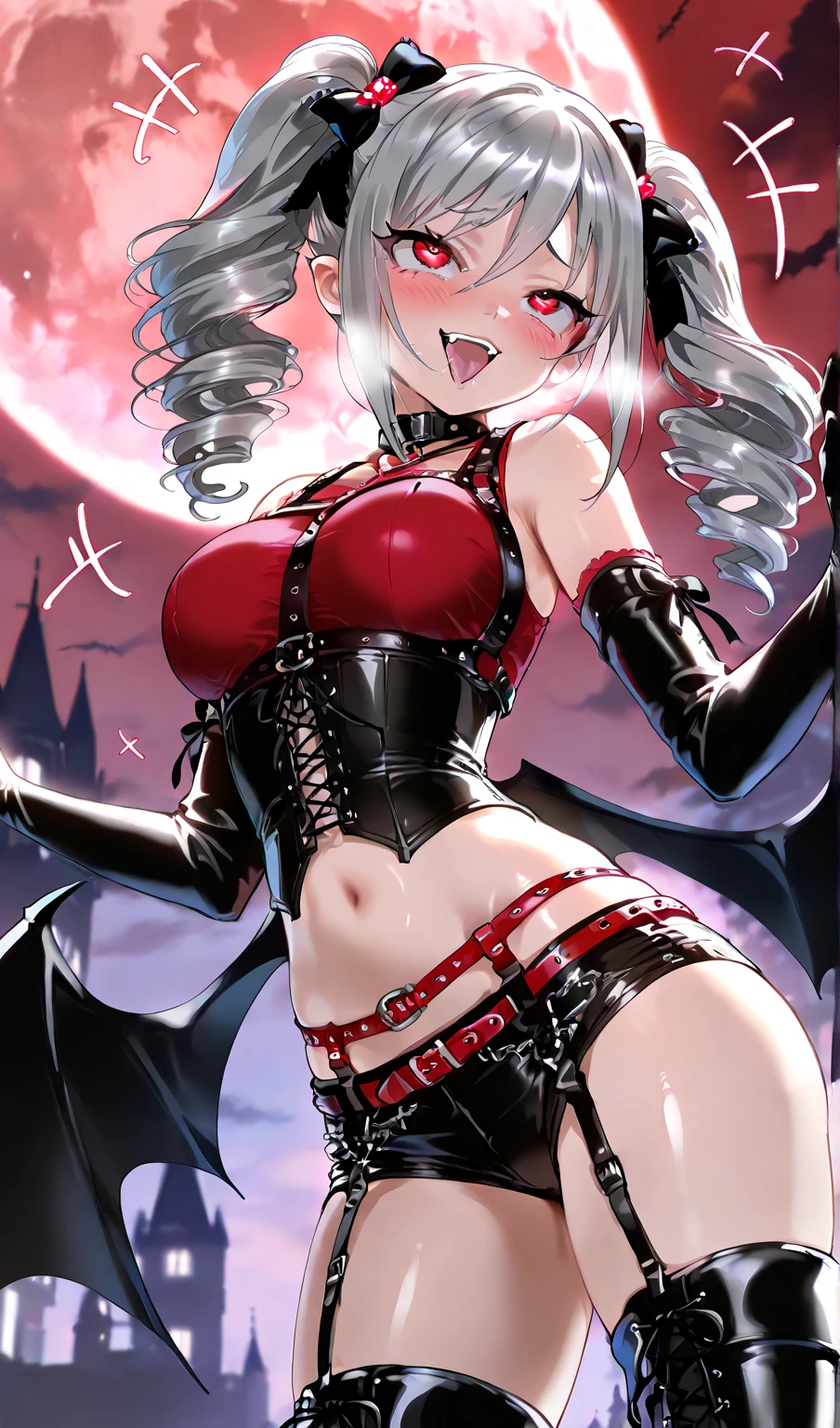 tattoo girl, very beautiful, murderous, Harley Quinn, crazed look, dark background, 8K, dynamic wallpaper, very delicate, very dense, creepy smile, close up to camera, dripping red one piece swimsuit, dark room with a red spotlight