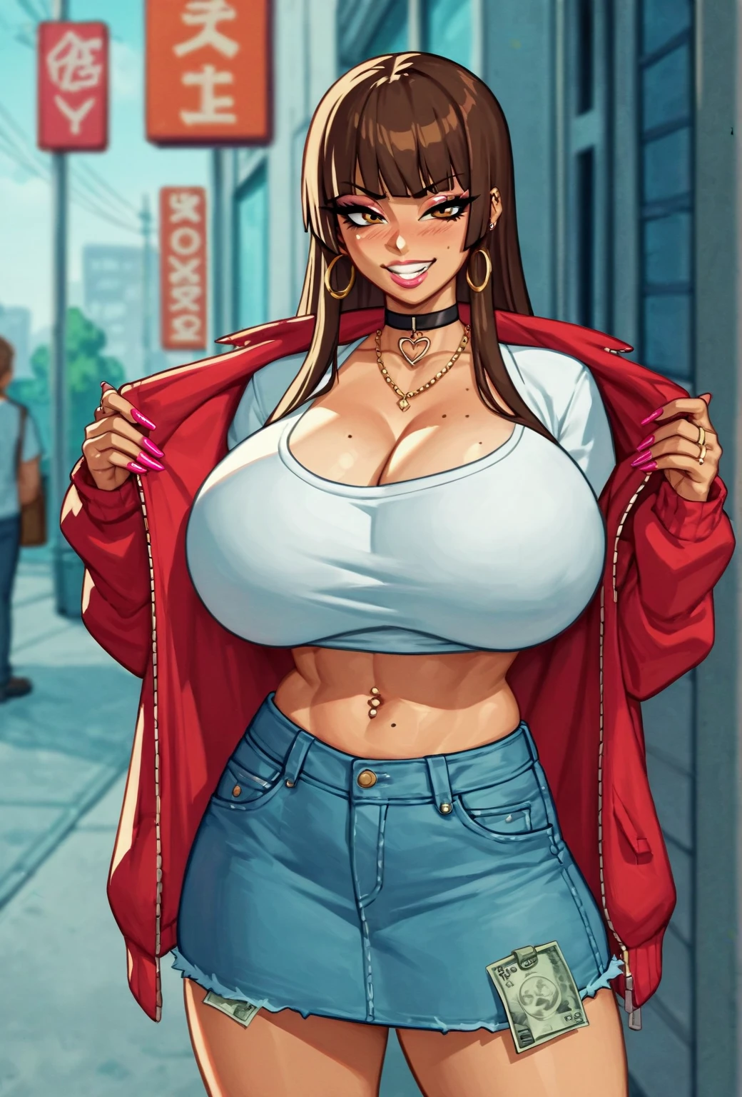 Score_9, score_8_up, score_7_up, score_6_up, score_5_up, score_4_up, source_anime,  solo, 1girl, 30-years-old, whore, prostitute, gyaru mama, nishizumi shiho prostitute exhibitionist enormous massive gigantic big large fake breasts 
