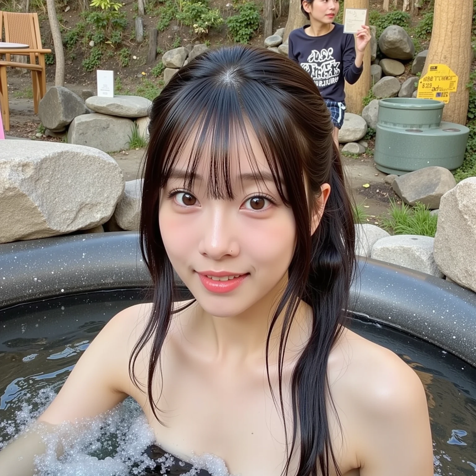 (8K、RAW Photos、Highest quality、masterpiece:1.2)、(Realistic、Realistic)、1 Girl、((hot spring、night、relaxing after a hot bath、Flat Chest、bath towel、View from the front、smile、Look at me and smile))、cute