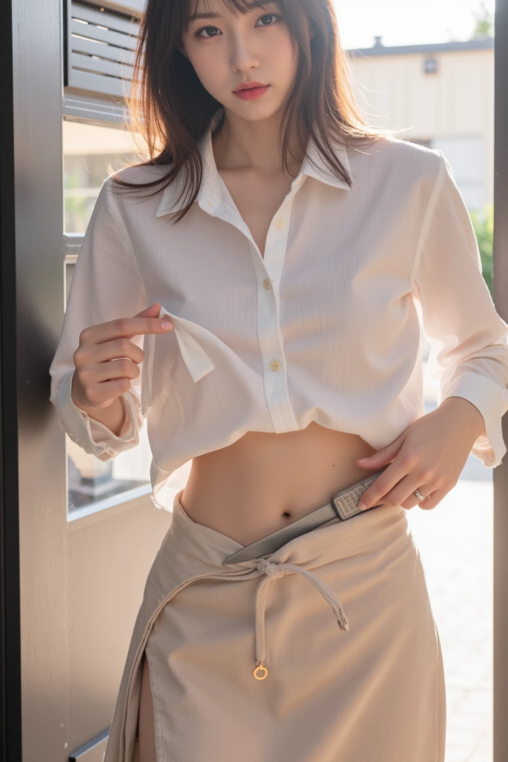 1womanl、(Super beautiful)、(beauitful face:2)、(A detailed face:1.5)、(A detailed eye:1.1)、(Detailed lips:1.1)、(Detail nose:1.1)、(Shot from the knee up:1.1)、(Starbucks clerk in Japan)、(Starbucks Uniforms:1.1)、(She lifts her skirt to reveal her white panties:1.3)、(Bare legs:1.5)、Brown hair、(Standing inside a Starbucks store)、(At SFW:1.3)