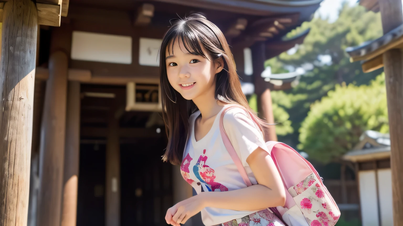 (8K), (Raw photo),(Best Quality),(Dramatic Lighting, depth of fields), (cinematic postprocessing,cinematic scene,cinematic composition,cinematic lighting),
(Entered middle school this year), (female junior high school student)
(an extremely beautiful girl,extremely detailed face,detailed shoulders,detailed bust), ( Beautiful scenery, isometric,too bright natural light),
(The sun shines on the breast),
((kawaii,no make-up:1.3)), ( Immature build,delicate body),(Slender figure), (white porcelain skin:1.3),(white-skinned:1.7), (Pretty Face, bright eyes,no make-up), (face like a Japanese Idol),
(long straight hair), (dark hair),
(slender chest,small breasts:1.3),(narrow shoulders,thin arms), (thin thighs,small butt:1.3),
(cute girl is running happily at school route in the Kyoto after the rain, old temple, Shinto shrine archway),(in period drama set:1.2),
(crew neck light pink T-shirt with print of tree:1.3),(pleated floral skirt),
(innocent-looking face),(smile,white teeth,cherubic) ,(looking away:1.2),
(carrying student bag,schoolgirl's socks)