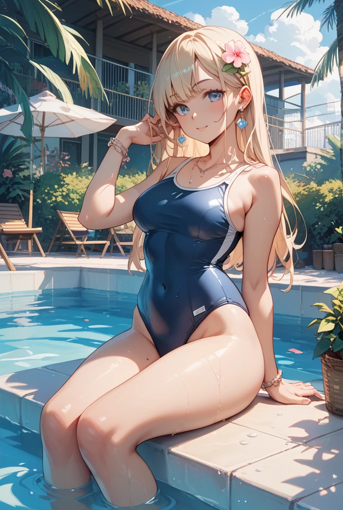 ((2D Beautiful Girl、highest quality、Perfect Finger 1.3、Perfect Anatomy 1.3、Very delicate and beautiful illustration))、pretty girl、(Conversion Sequence)、((Swimwear))、14 years、Slender beautiful girl、Fractal Art、Baby Face、((Straight Long Hair))、Big droopy eyes、Laughter、Full-body display、(1 person)、Long sleeve、School swimming pool、Are standing、