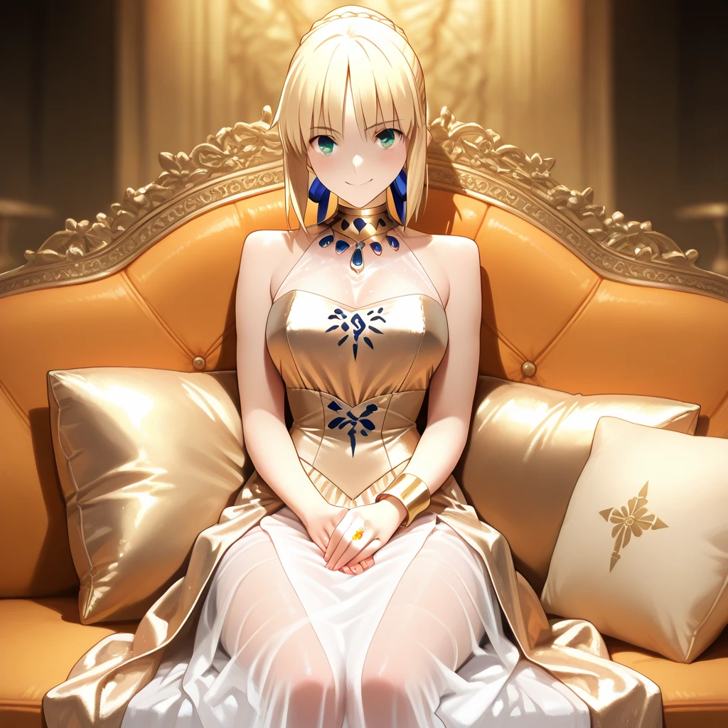 ((top quality)), ((masterpiece)), (details), （perfect face）、Saber, who is blond and green-eyed, smiles gently with outstanding proportions, wears the costume of the gorgeous, glittering, and sexy see-through queen of ancient Mesopotamia, is dressed with luxurious accessories from ancient Mesopotamia, becomes the most beautiful wife of the ancient Mesopotamian hero king Gilgamesh's greatest treasure and is pampered and cuddled cutely on a luxurious sofa, snuggles up and is loved, and wears an engagement ring Are there loving couples、Fete