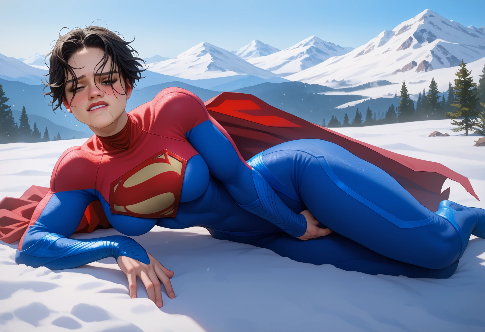 SupergirlTFXL,Snowy mountain sky, outdoors,((solo)),black eyes, black hair, short hair, curtain hair, medium breasts, superhero, red cape, bodysuit, red bodysuit, blue bodysuit,lips,,((coverd niipples)),A costume that fits the body,slender, curvy,narrow waist,((Supergirl grabbing own crotch))),((open thighs knees together feet apart lying down on side)),((solo)),blush,(bent over),head down,,bouncing unaligned breasts,trembling,Drooling, biting own lip,closed one eye,,female orgasm,