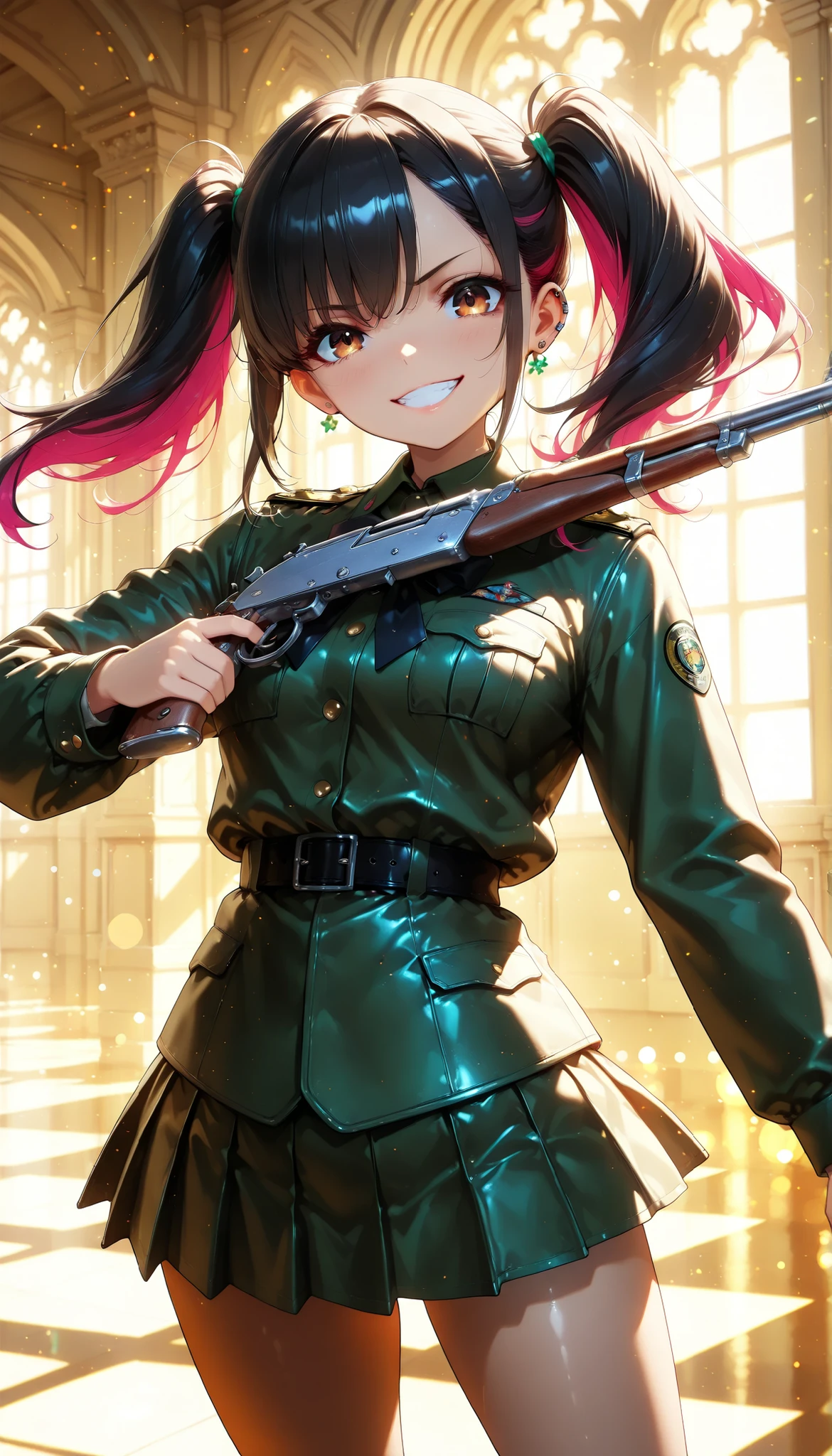female military man with super long twin tails,Crazy Smile,High Quality,real,Portrait,Dramatic,Rich colors,4K rendering,Physically-based lighting,Super delicate texture,Detail Focused,sharp focus,Immersive Realistic Feeling,Dramatic look,Professional with no gaps,high definition,oil paint texture,bokeh effect,dramatic atmosphere, (viewers, serious expression), STANDING, Perfect Body, cropped tops, Military uniform, WEAPONS AND EQUIPMENT, (((saber and wear,  battle action ))), mini skirt, Delicate decoration, piercings, warm light, brightly colored, Photogenic, 超high definition, (最High Quality, very detailed, CG illustration, soft focus, masterpiece, Best Aesthetics),