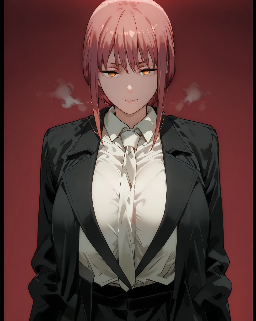 (extremely detailed CG unity 8k wallpaper),(masterpiece),(best quality),(ultra-detailed),(best illustration),(best shadow),(absurdres),<lora:makima:0.8>,Makima, 1girl, necktie, blood, blood on clothes, blood on face, solo, black necktie, pants, black pants, ringed eyes, looking at viewer, yellow eyes, jacket, formal, red hair, bangs, black jacket, blood splatter, sidelocks, train interior, medium hair, blurry, closed mouth, braid, smile, coat, business suit, sitting, indoors, long sleeves, blurry background, black coat, braided ponytail, standing, pink hair ,(nude below jacket:1.4, breasts out:1.4, navel, from side position), (undressing:1.4)