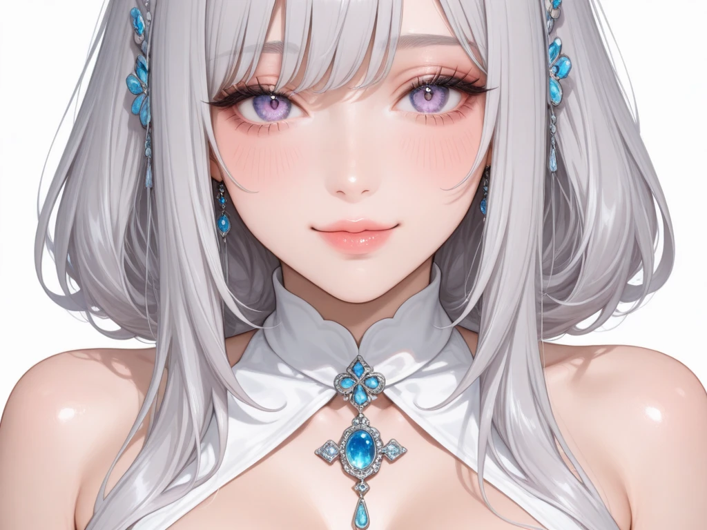1 girl, One, Satella from anime Re:NULL, long hair, Looking at the viewer, smile, purple eyes, hair ornament, White background, jewelry, White hair, closed mouth, Blunt bangs, nail polish, bracelet, lips, grey eyes, portrait, red nails, close-up, red lips, hands on your own face, hands on your own cheeks,(mature woman),(shiny skin),((smoking body))