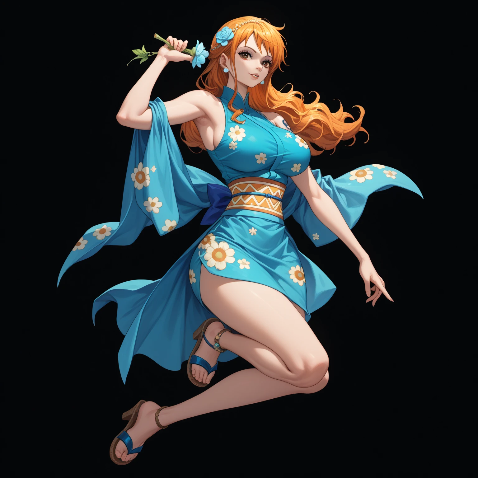 full body:1.3masterpiece, best quality, high resolution, us (piece), Long hair, Orange Hair, Low Ponytail, Headband, Blue Ribbon, Brown eyes, clavicle, cleveage, Short Kimono, Blue Kimono, sleeveless, karate, bracelet, sash, Heart, permanent, Cowboy shooting, Challenging poses, 海滩Heart情, beautiful beach, Smile,