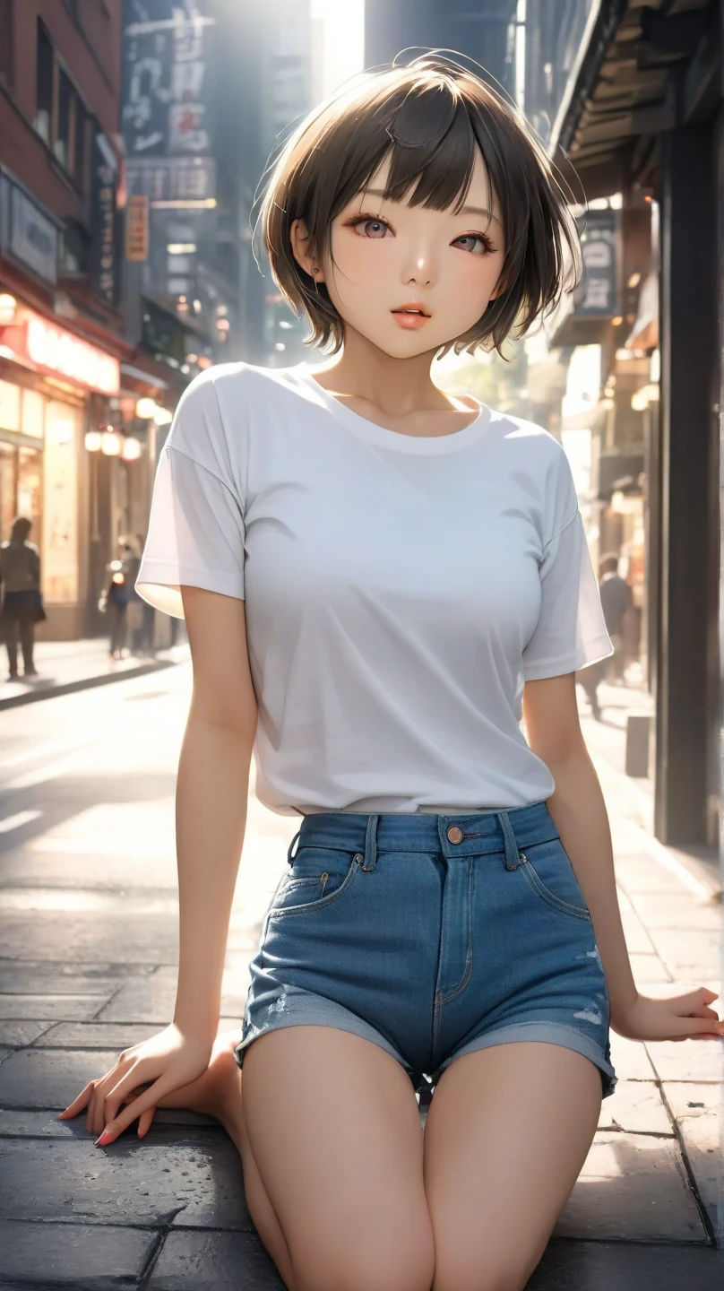hinata from anime naruto, black hair, short hair, bangs, light purple eyes, wears mascara, perfect body, perfect breasts, beautiful woman, very beautiful, wears a light purple oversized t-shirt, short jeans, wears a handbag, wears a watch , wearing earrings, super market , Realism, masterpiece, textured skin, super detail, high detail, high quality, best quality, 1080P, HD, 16k