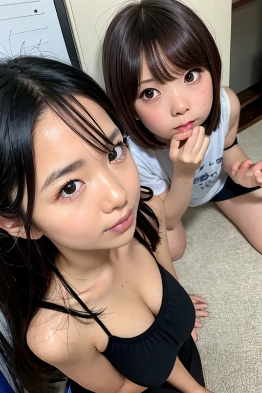 Two women of the same person huddled together、Exactly the same face、Exactly the same body type、Exactly the same hairstyle、Instagram model from another dimension, by 2 person, Imaginative, Metaphysical, Whimsical, Anaglyph Style, 1 Japan, Cute face, 18-year-old,