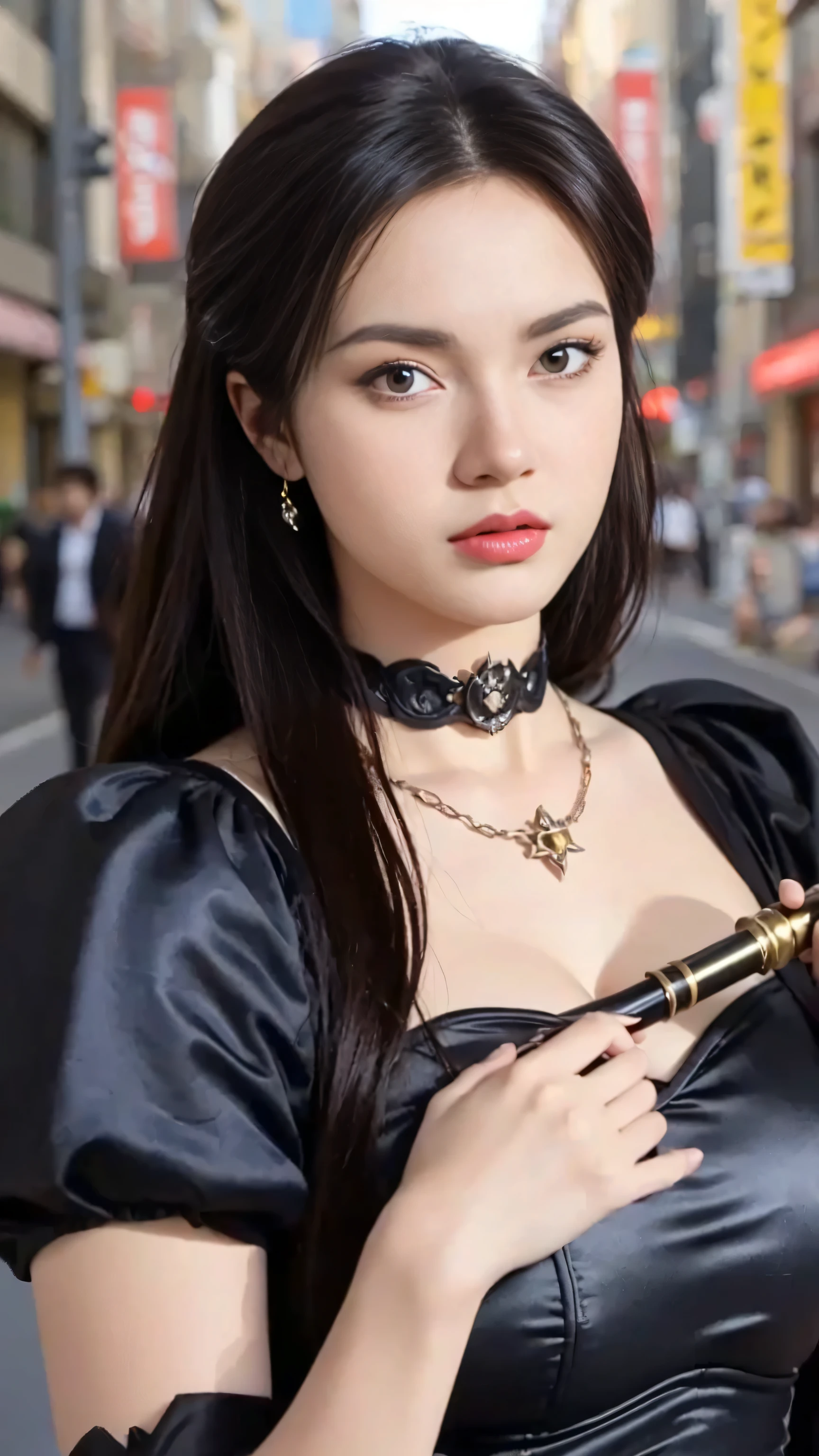 a woman in a black dress holding a spear and a black dress, giant stunning goddess shot, sexy dress, gothic city streets behind her, succubus in tight short dress, she is wearing a black dress, japanese goddess, thicc, cinematic goddess body shot, amouranth as a super villain, anime girl in real life, she is holding a long staff. Dark purple hair, rosy red lips, colossal big breasts, firm breasts. realistic.