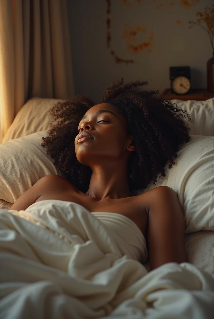 African American woman lying on the bed with her hands behind her head looking up at the ceiling, view from the ceiling looking down