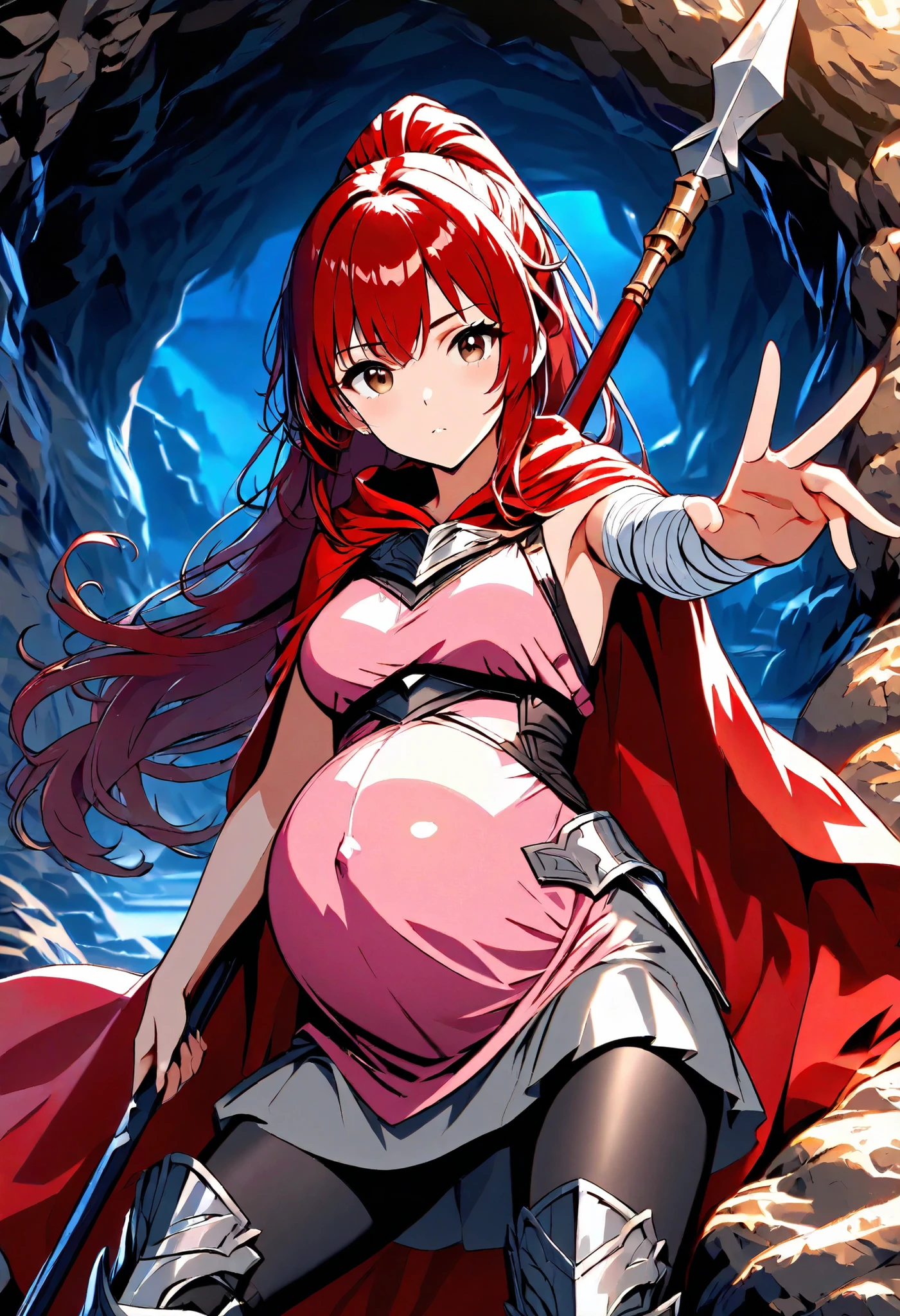 High Resolution, High Quality, High Details, cave scene, night, 1girl, red hair, long Ponytail, brown eyes, medium breasts, red cloak, pink tunic, grey skirt, black leggings, armor boots, looking at viewer, holding spear, pregnant belly, right arm covered by bandages, sexy pose, reaching for viewer