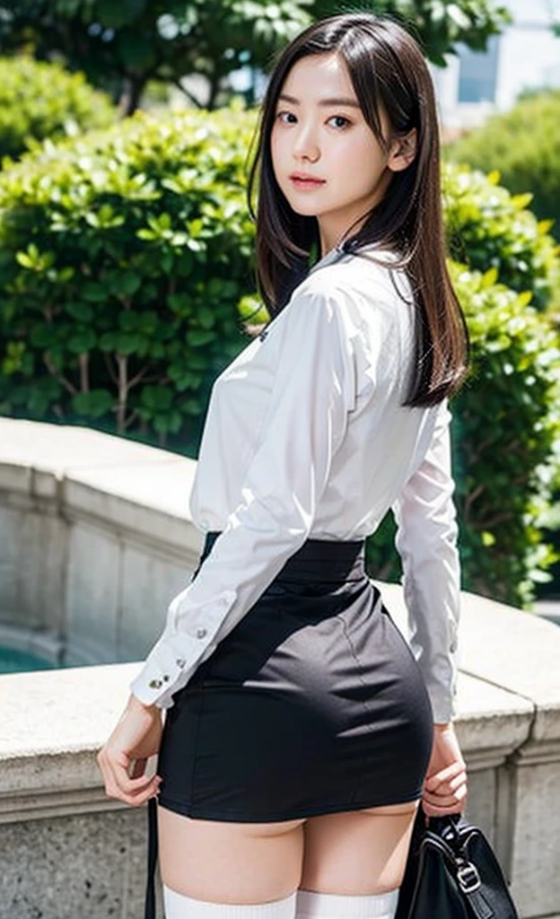 Best-quality, Masterpiece, Ultra-High-Resolution, (Photorealistic:1.4), Raw-Photo, Extremely-Details, Perfect-Anatomy, 1girl, the most popular Japanese actress, (squatting, upturned butt wearing tight-skirt), wearing white blouse, light gray suit, trench-coat, tight skirt), looking at viewer, beautiful smile, detailed extremely beautiful hip, ((extremely beautiful face like a most famous Japanese actress, extremely beautiful big black solid circle eyes)), (extremely beautiful black short-cut-haired), extremely beautiful lips, extremely beautiful white skins, extremely beautiful breasts, extremely beautiful thighs, extremely beautiful body, detailed white blouse, detailed tight-skirt, detailed light gray suit, detailed trench coat