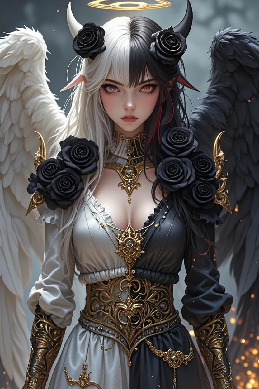 (masterpiece:1.3),(best quality:1.2),8k,absurdres,unity 8k wallpapper,(extremely detailed:1.3),highestres,
<lora:left_right-10:1>,1girl, ,heterochromia, white hair, black hair, split theme, angel,devil,wings,