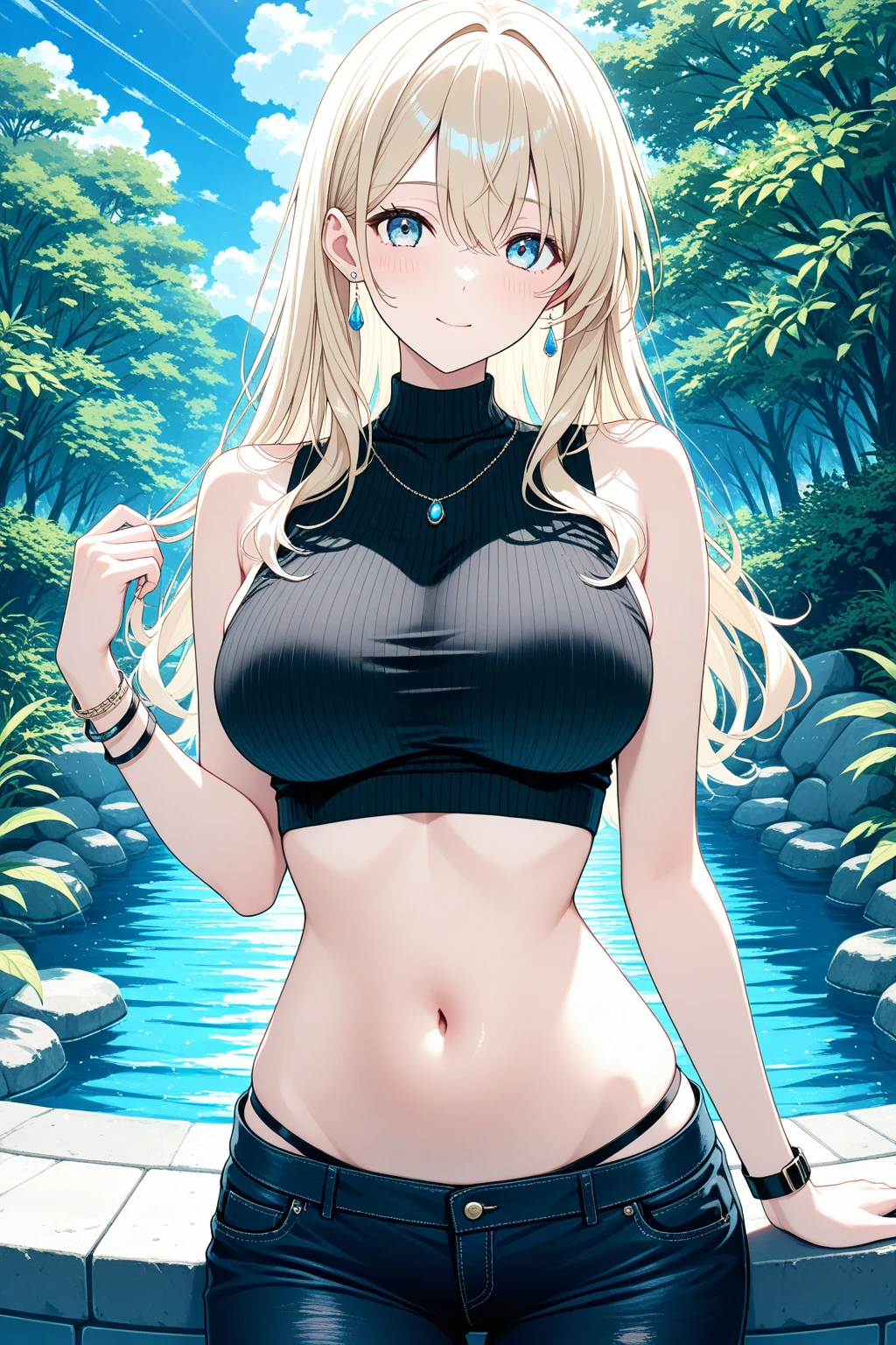 Blonde hair and blue eyes　Long Hair　Fairy　Big Breasts　naked　Wet　Black leotard　erotic　Big Breasts　beauty　cute　highest quality　Scared　in the forest　Be vigilant