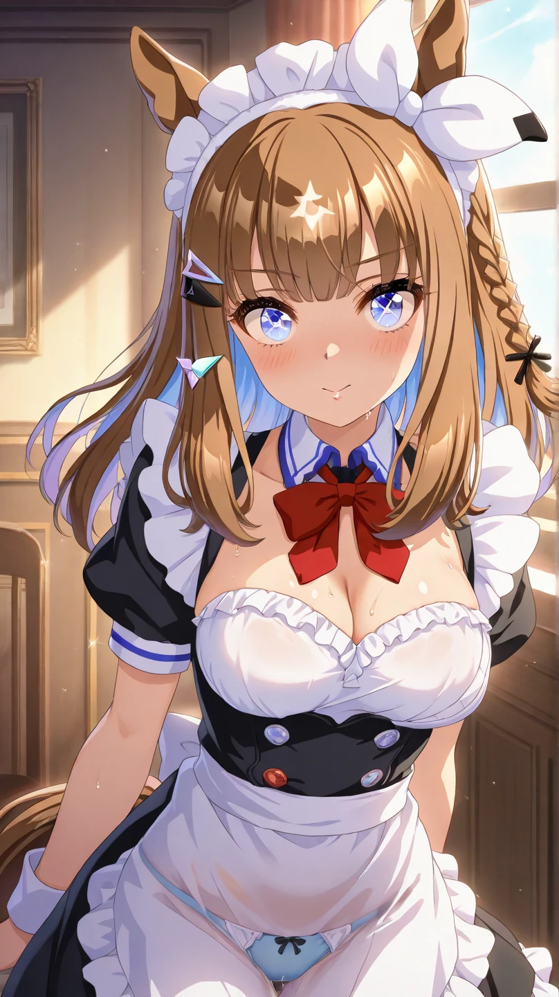 1girl, natural lighting, masterpiece, highly detailed, illustration, game CG, absurdres, high quality, beautiful detailed eyes, glossy lips, natural lighting, medium breasts, klaudia valentz, blush, light smile, cafe, strapless corset, fishnet tights, bunny ears, pet collar