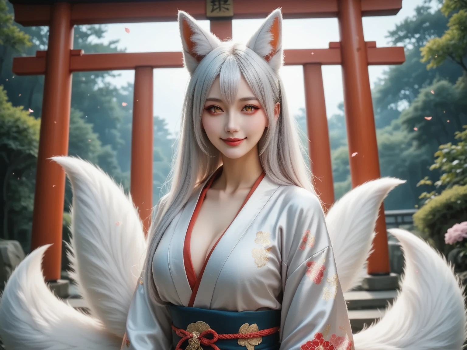 Miss Fox Demon,Jacket、Cotton clothing,Cold winter,Thick cotton coat,Furry cotton coat,Fox demon fox ears white hair girl,Overlooking the night view of Chang'an,Sexy and feminine,Sit Pose,fluffy fox ears,fox tails,No ears,Reddish tone,Gorgeous fireworks background,,A beauty with only fox ears,Cover chest,Fox eyes,Enchanted,Charming,16k, best qualityer, tmasterpiece, 1womanl, , Raised sexy, Highly detailed face and eyes, professional make-up, ,, glow blue eyes,Fox ears white hair girl