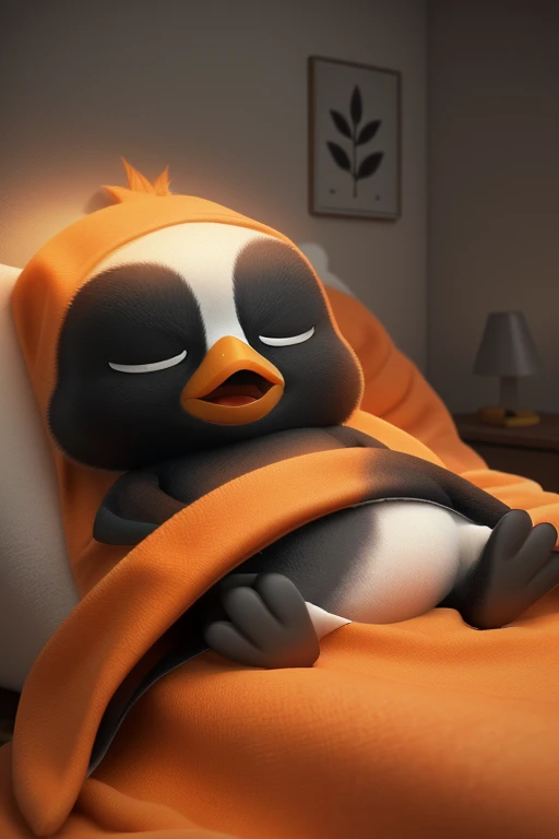 Puro eating an orange on his beanbag chair