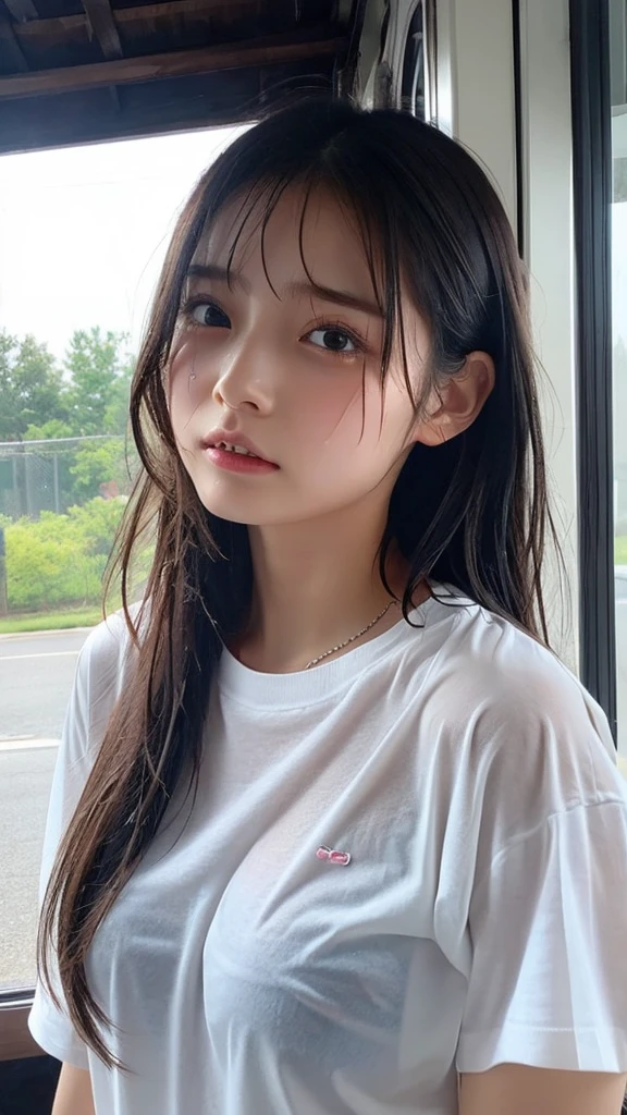 13 Year Old Teen Beautiful Perfect Face, Zombie Girl, Okinawa, High School Student, White Short Sleeve Shirt, Hard Nipples, Vagina, Rain Wet Body, Full Body, Old Residential Area, Tan, Dark Skin, Sweat, Mole, realistic, small round face, vignette,
