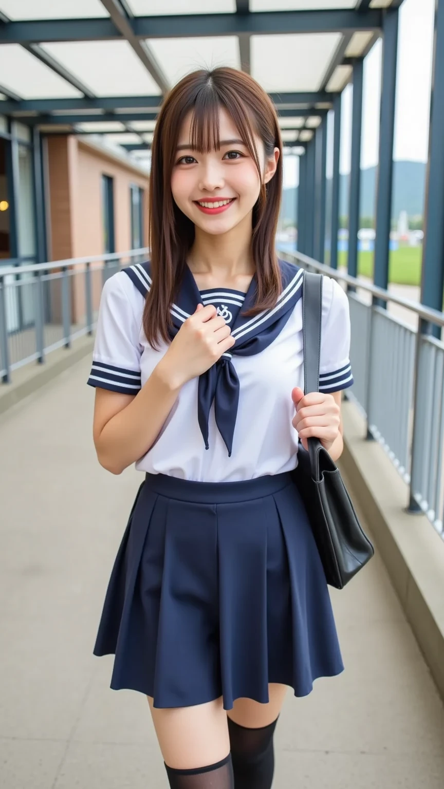 Woman in school uniform leaning on chair, (1.2 (1 Japan schoolgirl posing), Japan school uniform, Japan school uniform, Japan girl uniform, cute schoolgirl, school girl, school uniform, summer clothes, in school classroom, in classroom ((realistic light, top quality, 8K, masterpiece: 1.3)), 1 girl, Japan woman, slim beautyAbs: 1.4, Abs: 1.1, (brown hair, middle breast: 1.3), (brown hair, middle breasts: 1.3), super beautiful face, delicate eyes, double eyelids, smile, short cut, short hair, fair skin, big, long lashes, (Pure white underwear 1.2)), ((Navy blue socks 1.2)), 1 girl, ((white short-sleeved blouse 1.2)), (schoolgirl wearing navy blue socks 1.2)), gingham check pleated skirt, Thin thighs, arms behind back, ((Normal Japan schoolgirl uniform 1.2)), ((Legs spread pose 1.3)), solo, two thin legs, full body photo