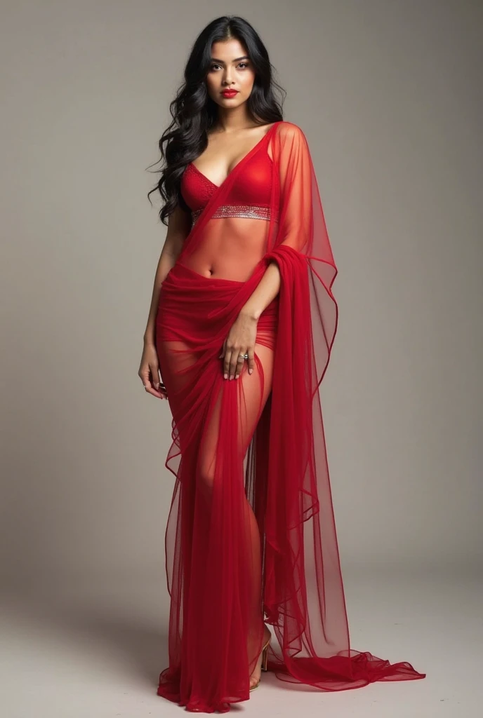 a sexy a woman covered in large red satin cloth, tied tightly with the satin cloth, mummified with satin cloth, the satin hanging down very long, a mermaid style dress, very long satin cloth, wearing a satin hijab, the satin cloth is very long, forming the curve of the body, wide and dramatic satin fabric tail , full body pose, see camera, masterpice, 4k resolution, ultra-realistic, highly detail.